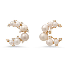 Pearl & Diamond Cluster Crescent Moon Stud Earrings