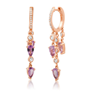 Amethyst & Bezel Diamond Shaker Drop Huggie Hoop Earrings