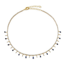 Diamond Tennis Necklace with Diamond & Blue Sapphire Dangles