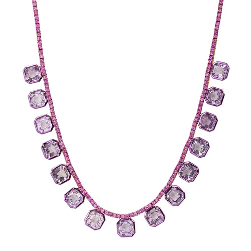 Bezel Set Amethyst Drop & Pink Sapphire Tennis Necklace