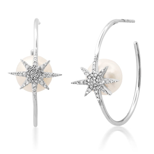 Delicate Diamond Starburst & Pearl Hoops