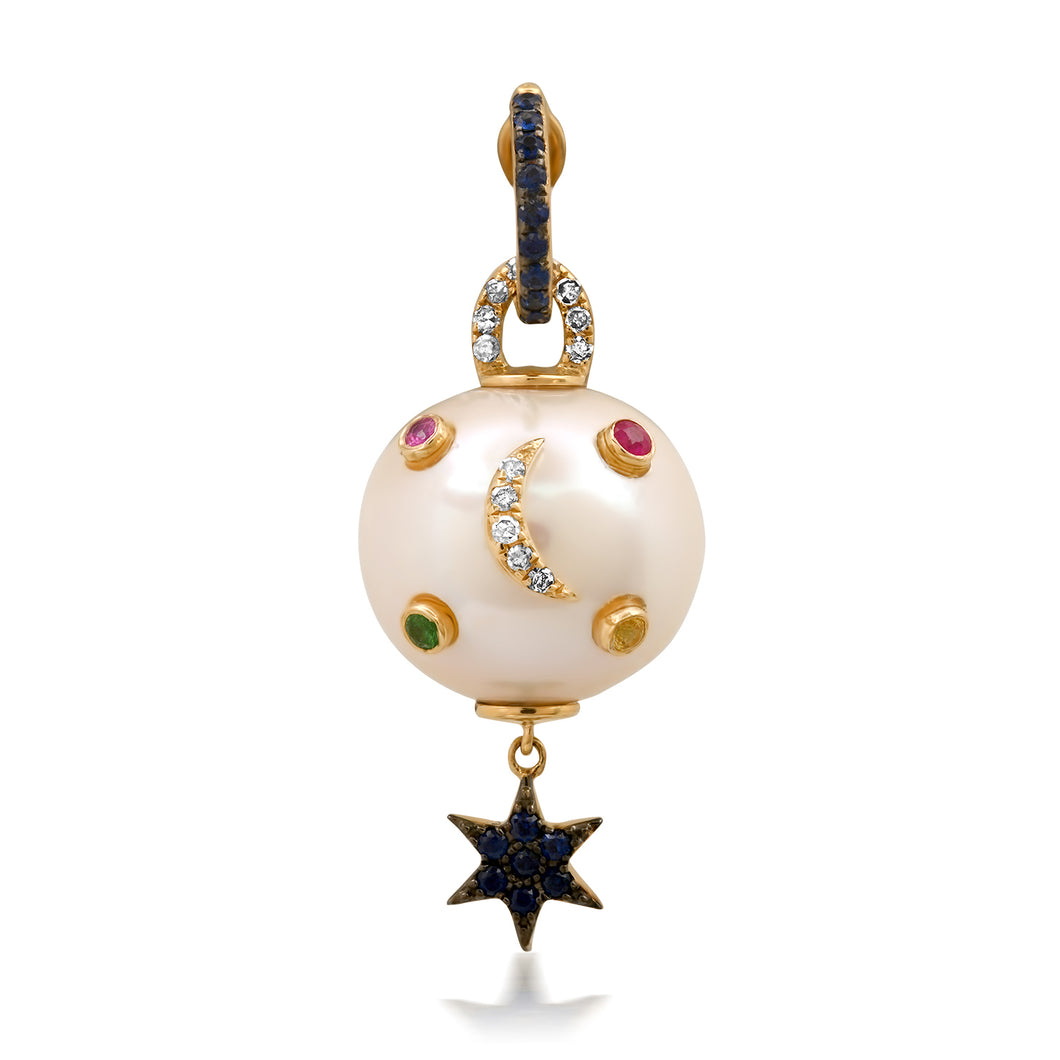 Celestial Diamond & Gemstone Dangle Pearl Charm