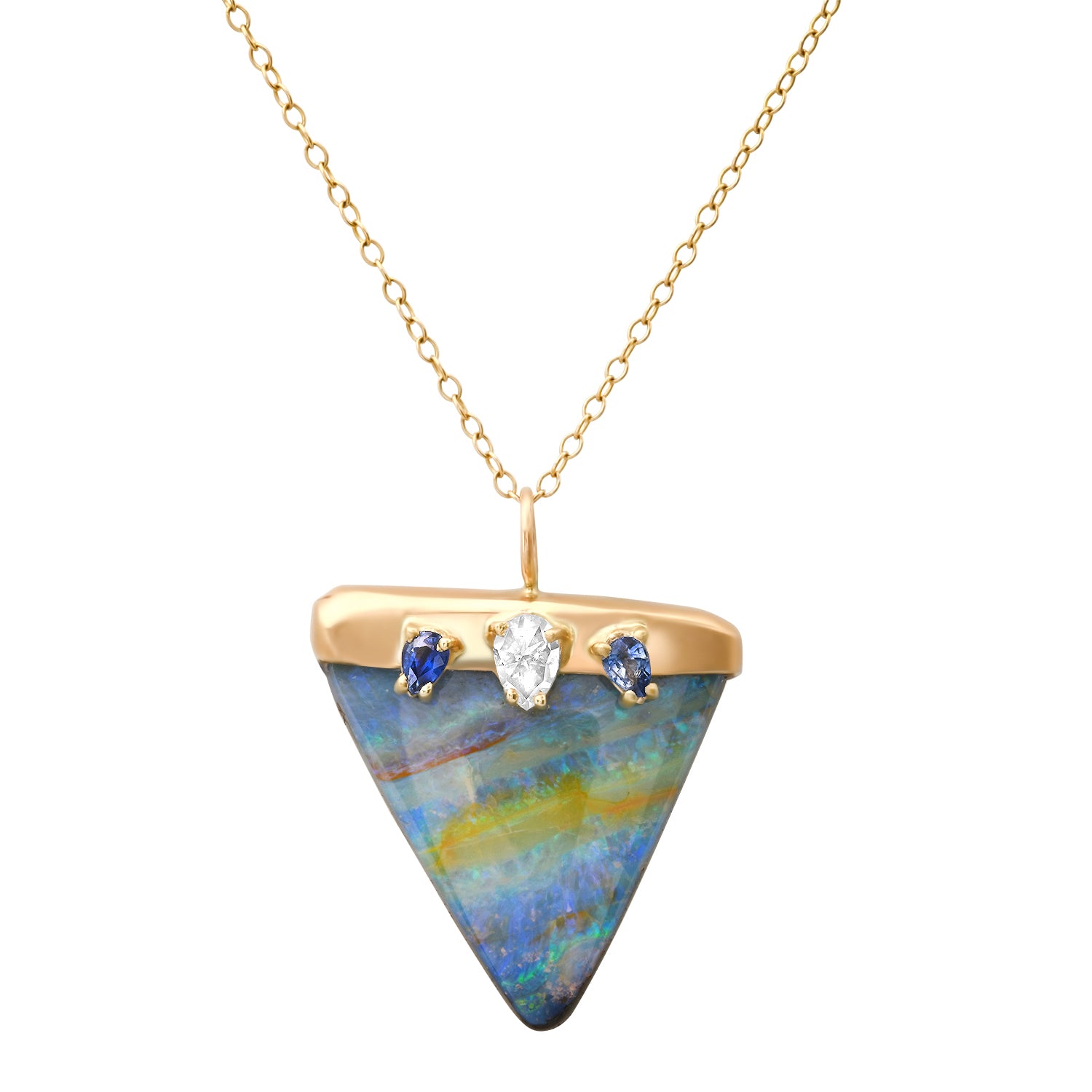 One Of A Kind Triangle Opal Necklace with Blue Sapphire & Diamond Accents