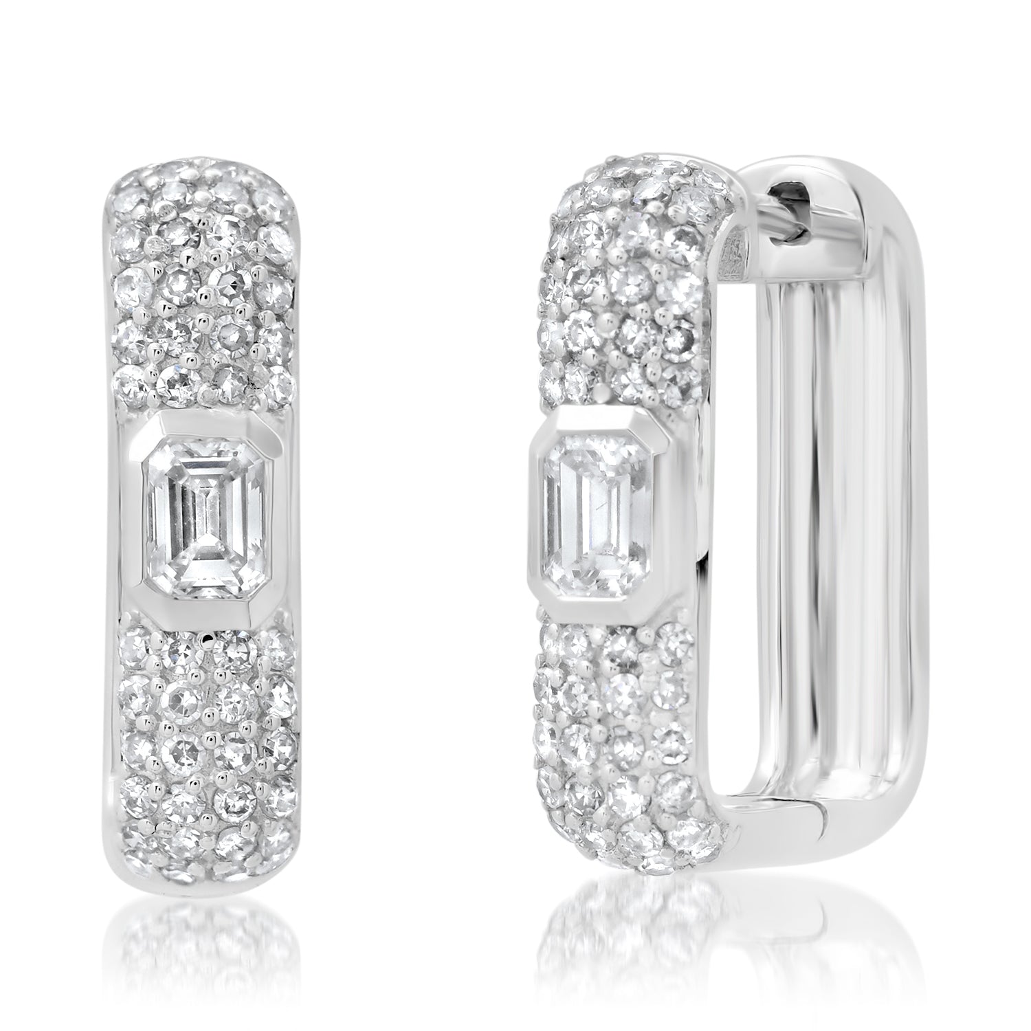 Rectangular Diamond Pave Huggies With Bezel Set Emerald Cut Diamond