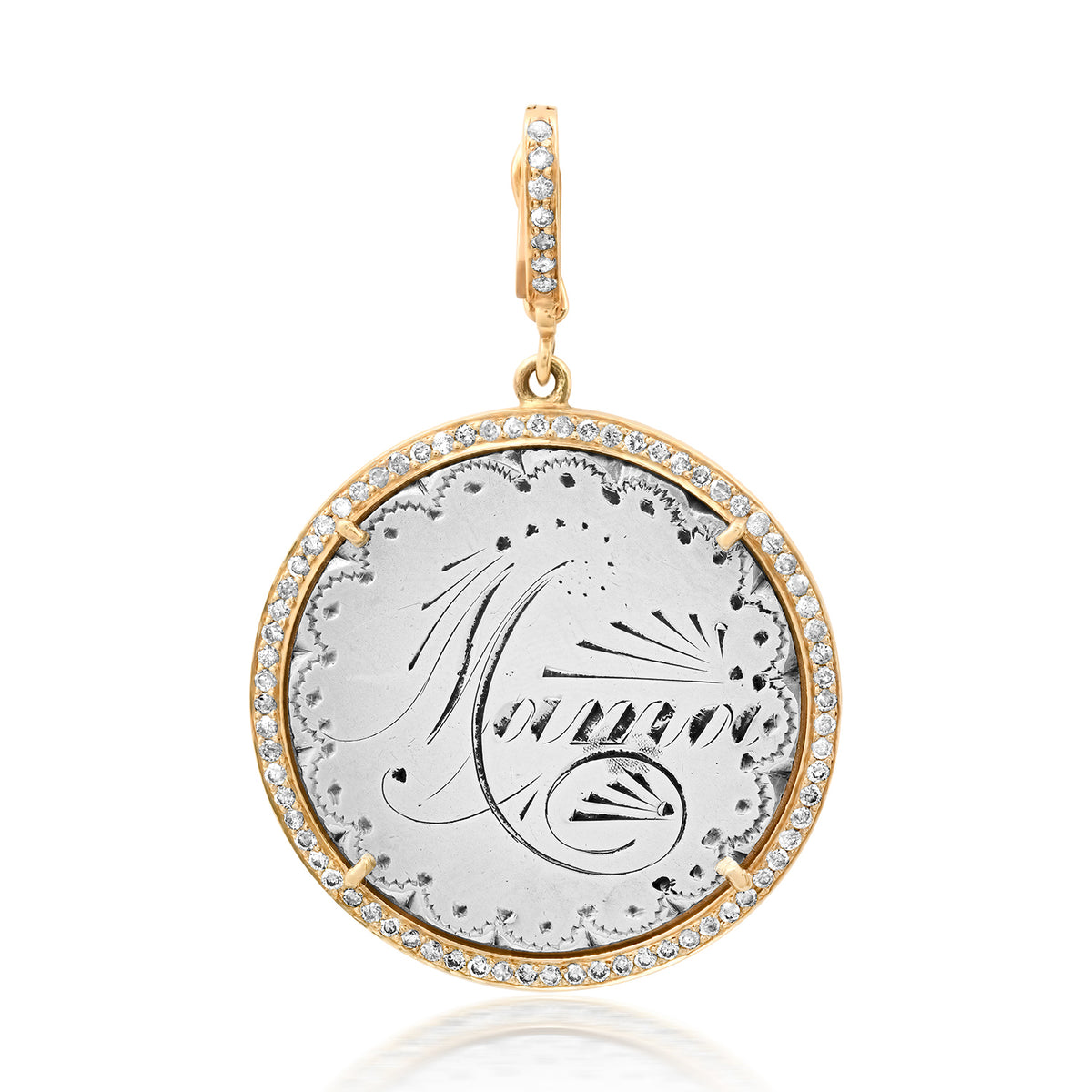 Large Silver Dutch Mama Token in 14k Gold & Diamond Bezel Frame