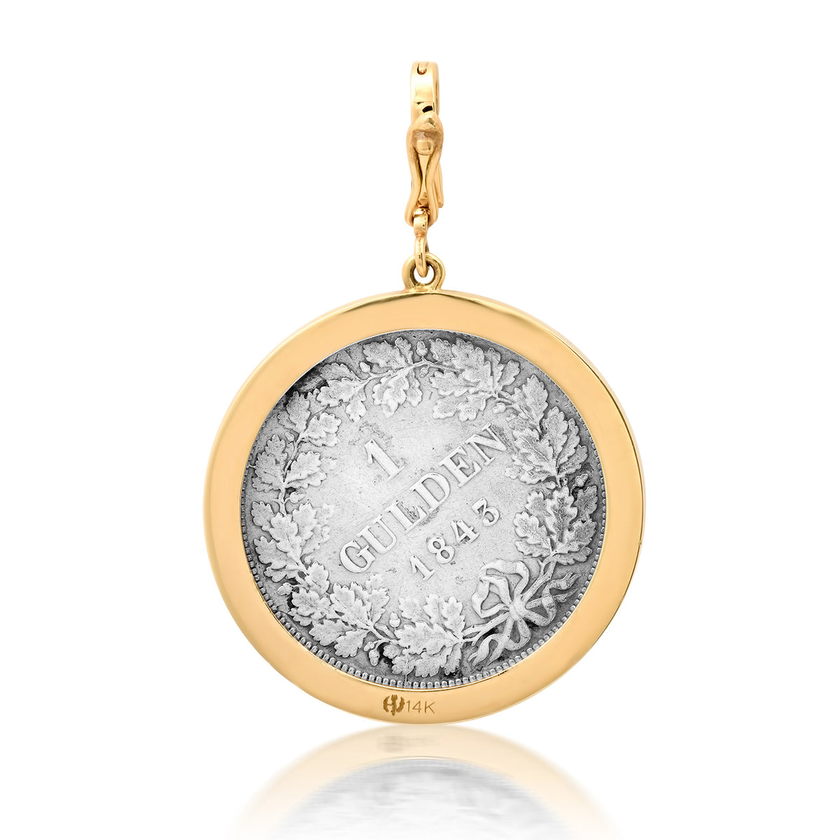Large Silver Dutch Mama Token in 14k Gold & Diamond Bezel Frame