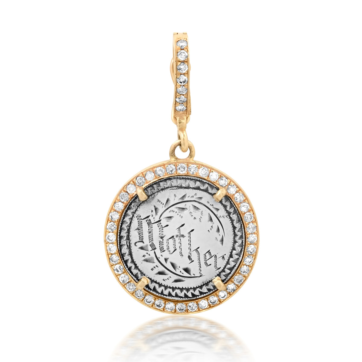 Silver Mother In Vines Token In 14k Gold & Diamond Bezel Frame