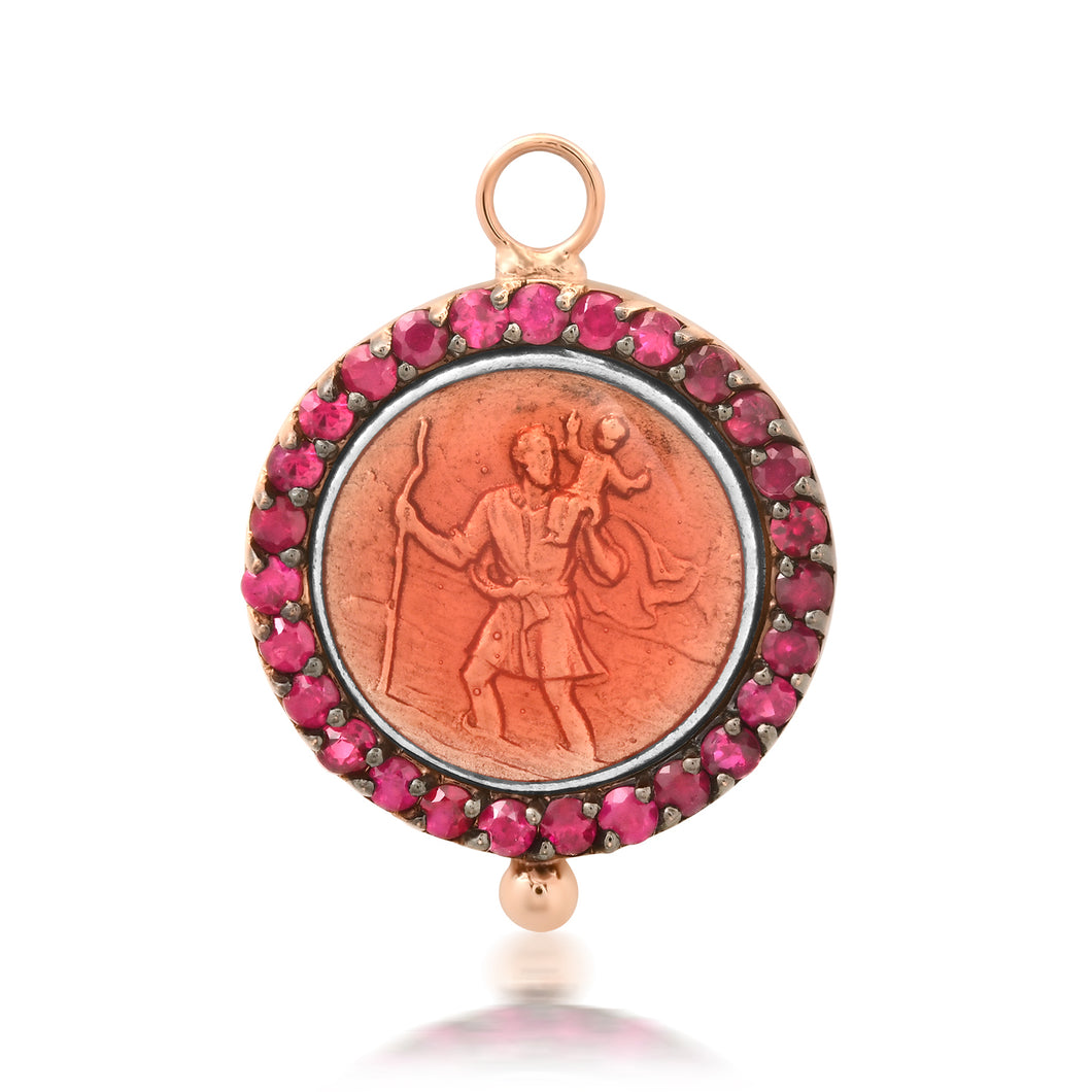 Sapphire & Pink Enamel St. Christopher Charm Pendant