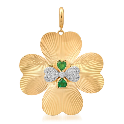 Jumbo Emerald & Diamond Fluted Clover Charm Pendant