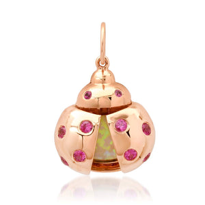 Scattered Pink Sapphire & Opal Ladybug Charm Pendant