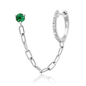 Double Pierce Diamond & Emerald Chain Huggie Hoop & Stud Earring