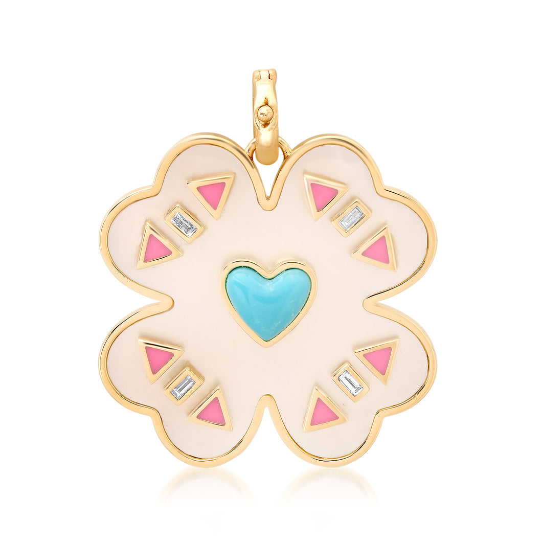 Mother of Pearl Clover Charm with Turquoise Heart & Diamonds