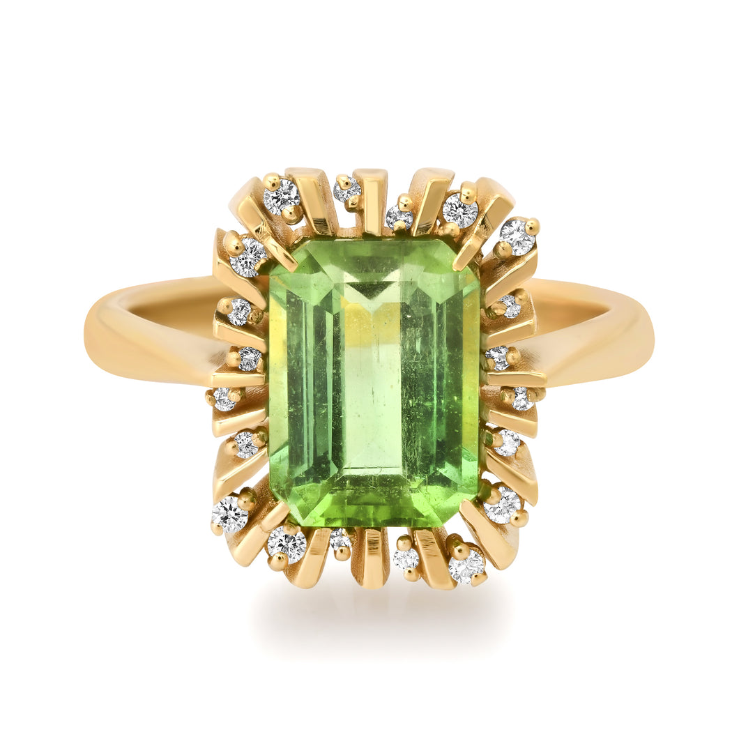 One of a Kind Divine Green Tourmaline & Diamond Halo Ring