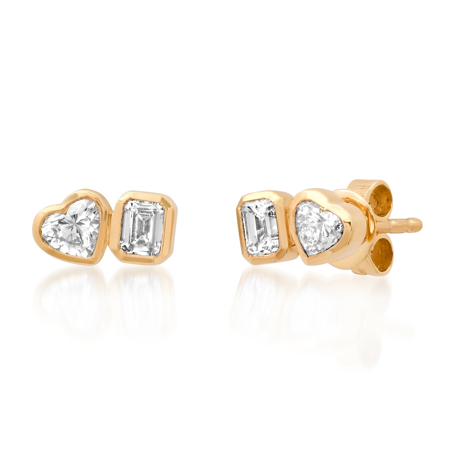 Bezel Set Heart & Emerald Cut Diamond Stud Earrings