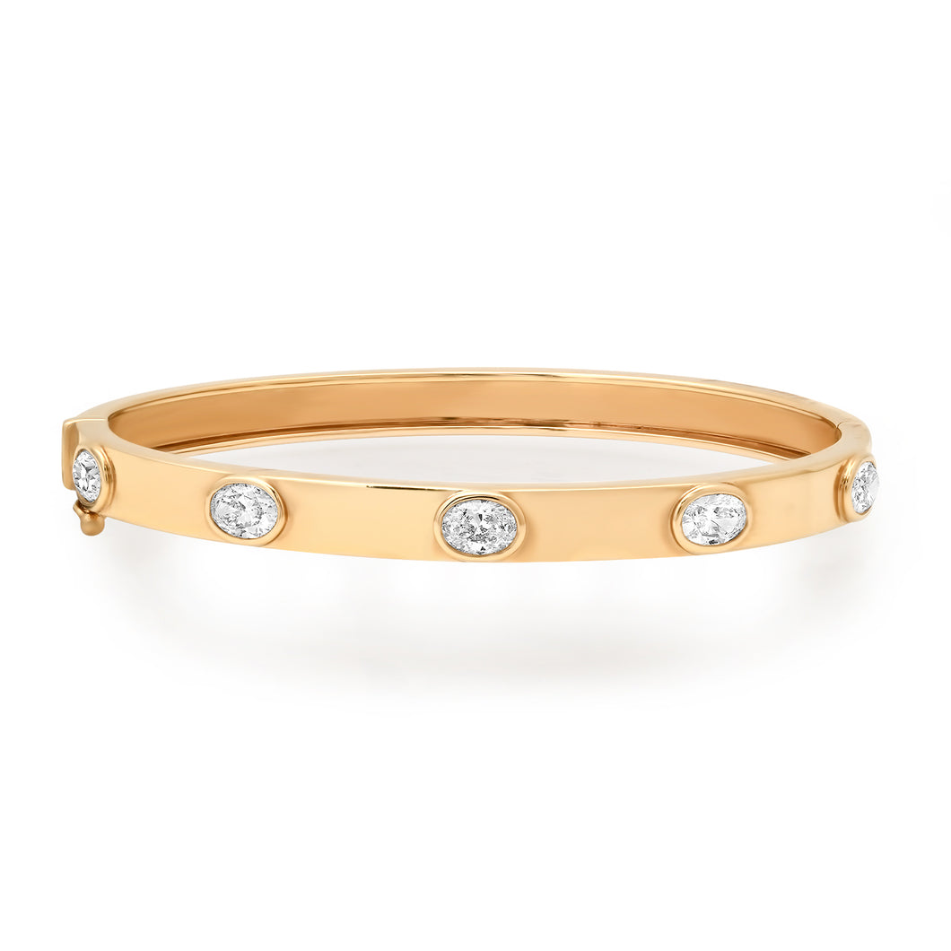 High Polish Gold Bangle Bracelet with Oval Diamond Bezels