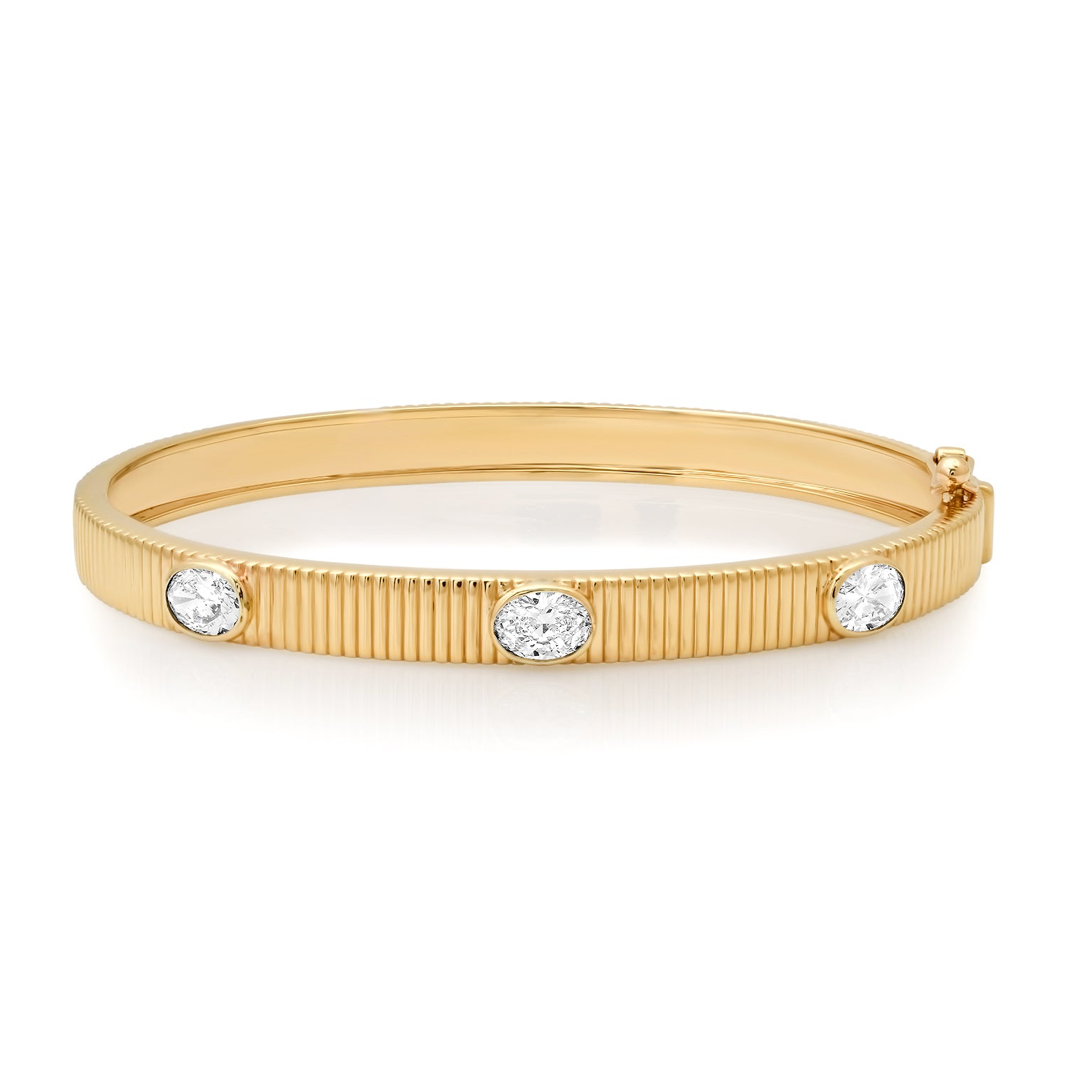 Fluted Gold Bangle Bracelet with Oval Diamond Bezels