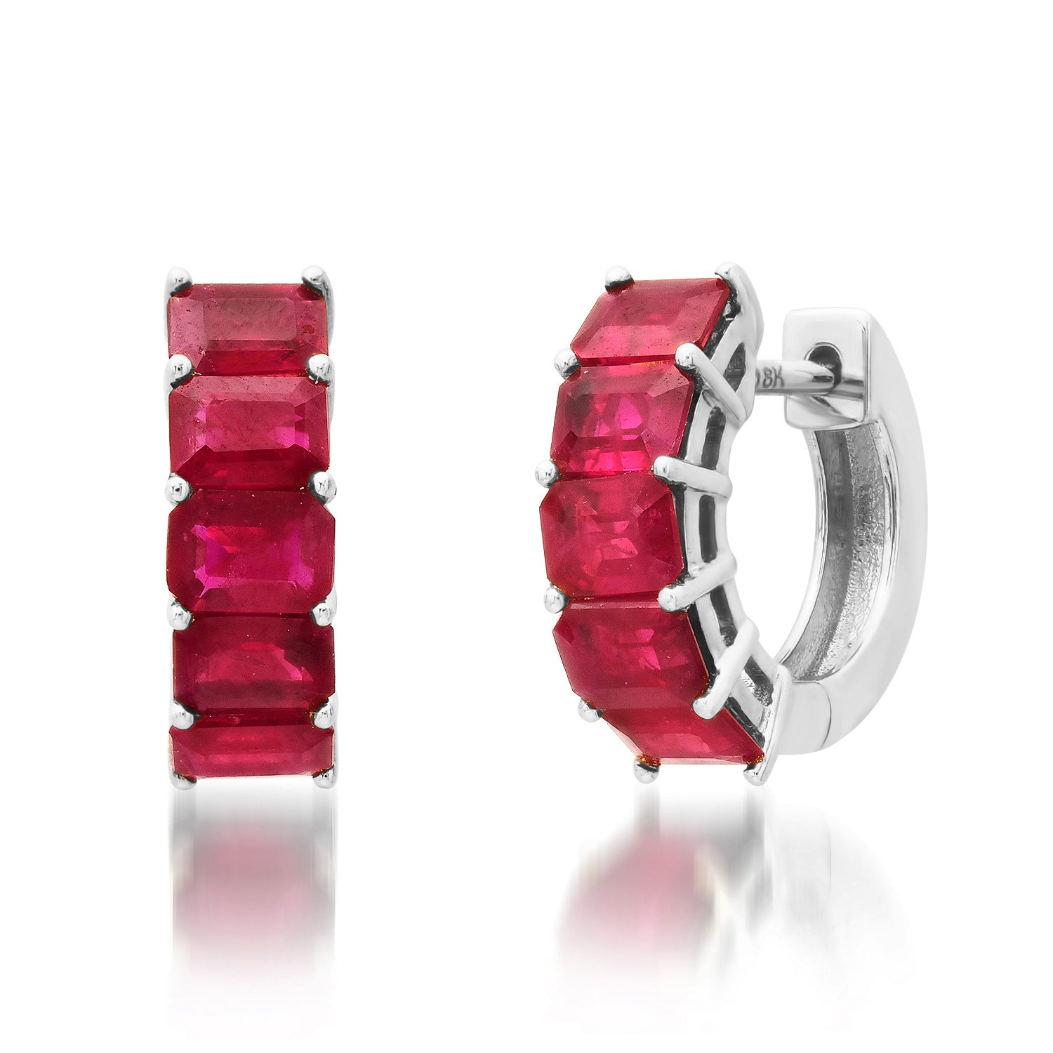 Vibrant Emerald Cut Ruby Huggie Hoop Earrings