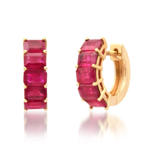 Vibrant Emerald Cut Ruby Huggie Hoop Earrings