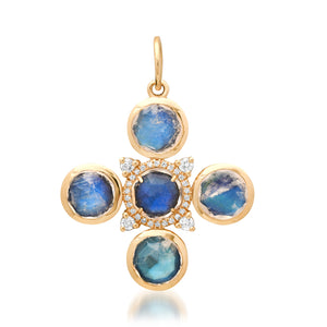 Blue Moonstone Bezel Cabochon & Diamond Cross Charm