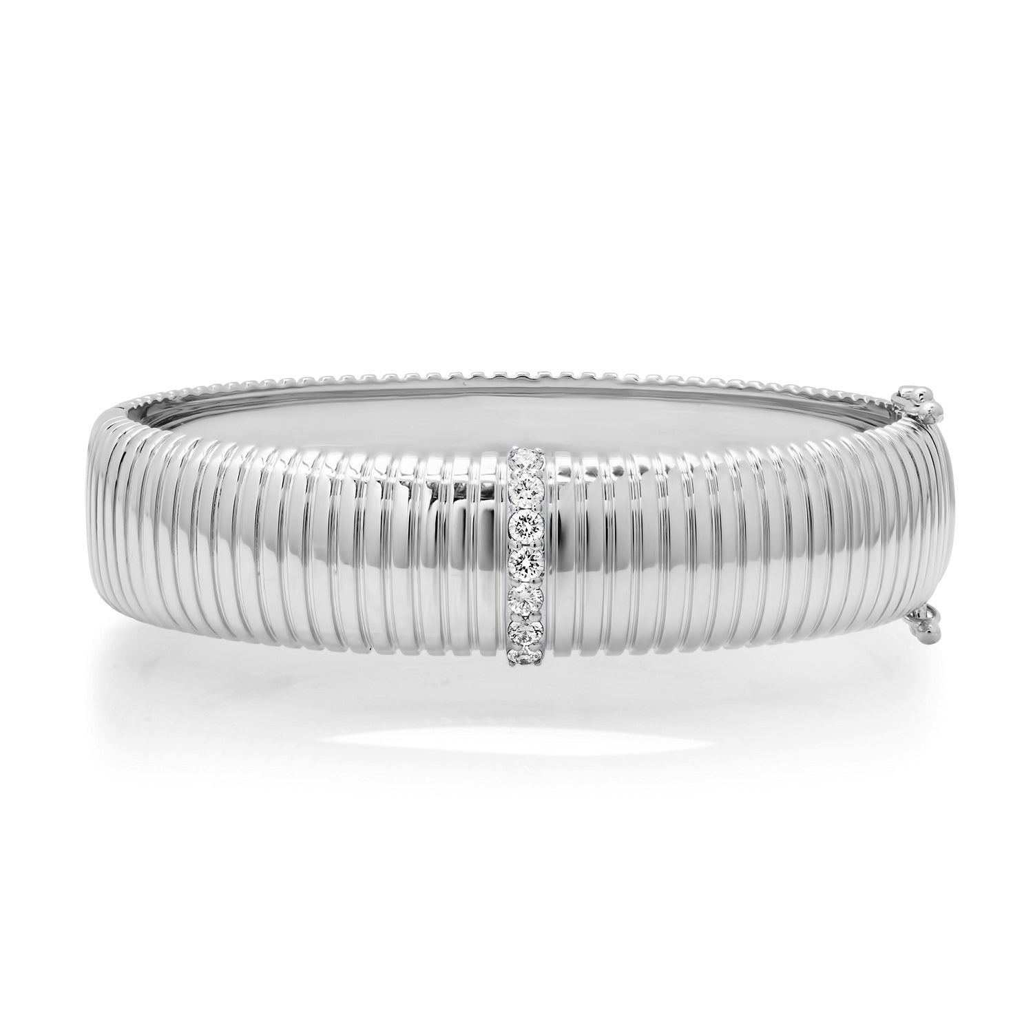 Medium or Large Wide Fluted Gold Bangle with Diamond Row