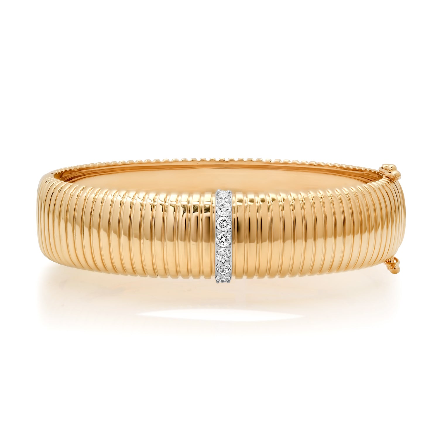 Wide Fluted Gold Bangle with Diamond Row