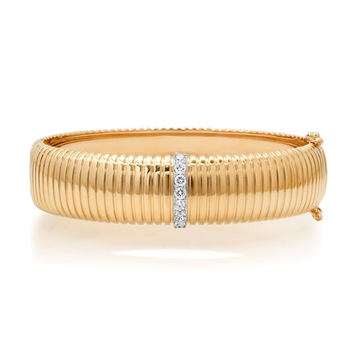 Wide Fluted Gold Bangle with Diamond Row