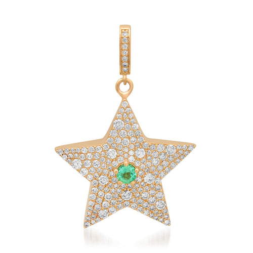 Double Sided Emerald & Pave Diamond Star Charm Pendant