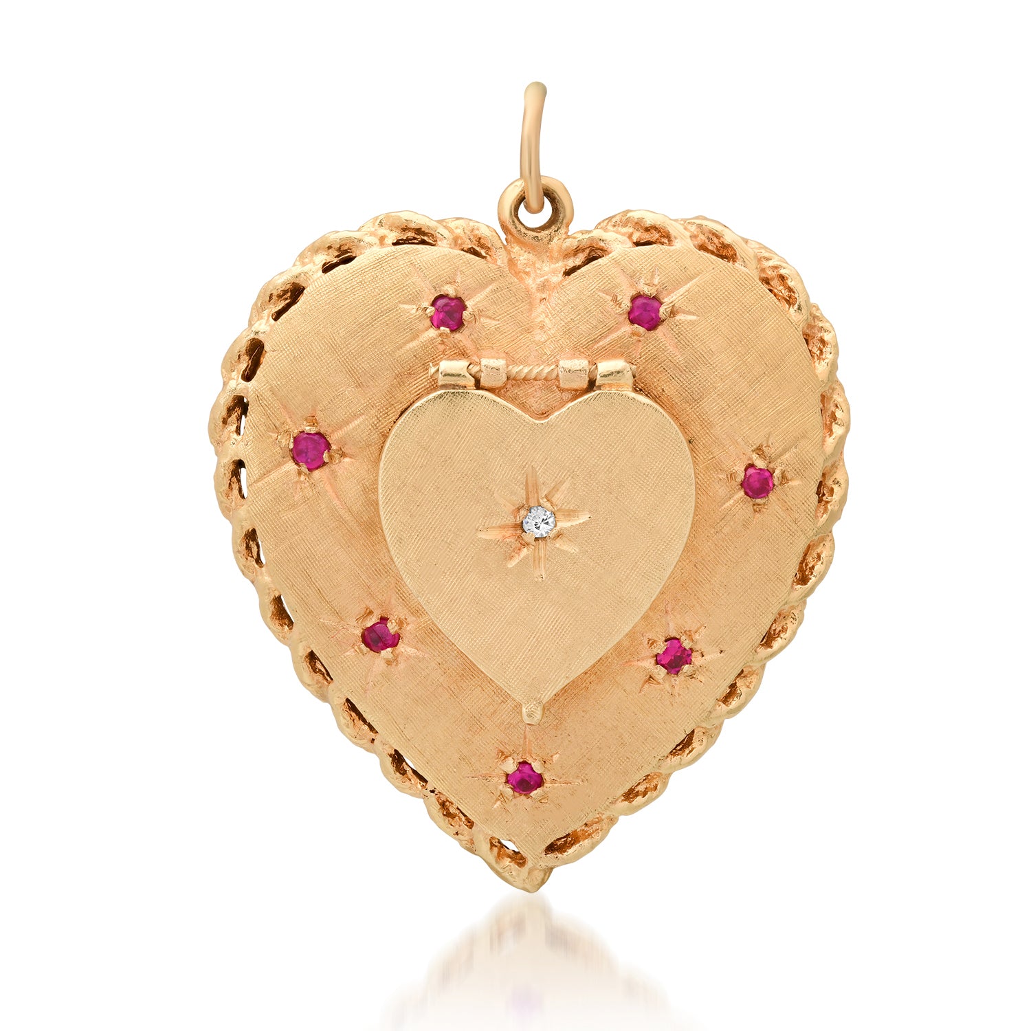 One of a Kind Vintage Satin Gold Ruby & Diamond Starburst Heart Charm Locket