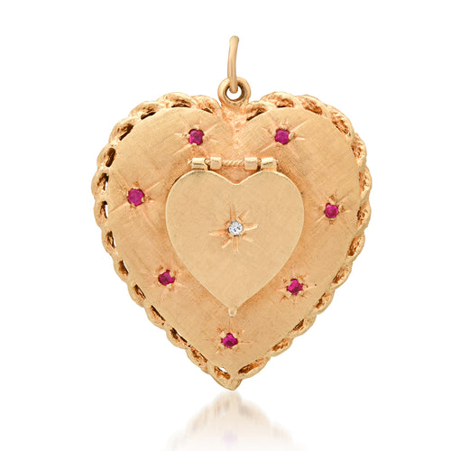 One of a Kind Vintage Satin Gold Ruby & Diamond Starburst Heart Charm Locket