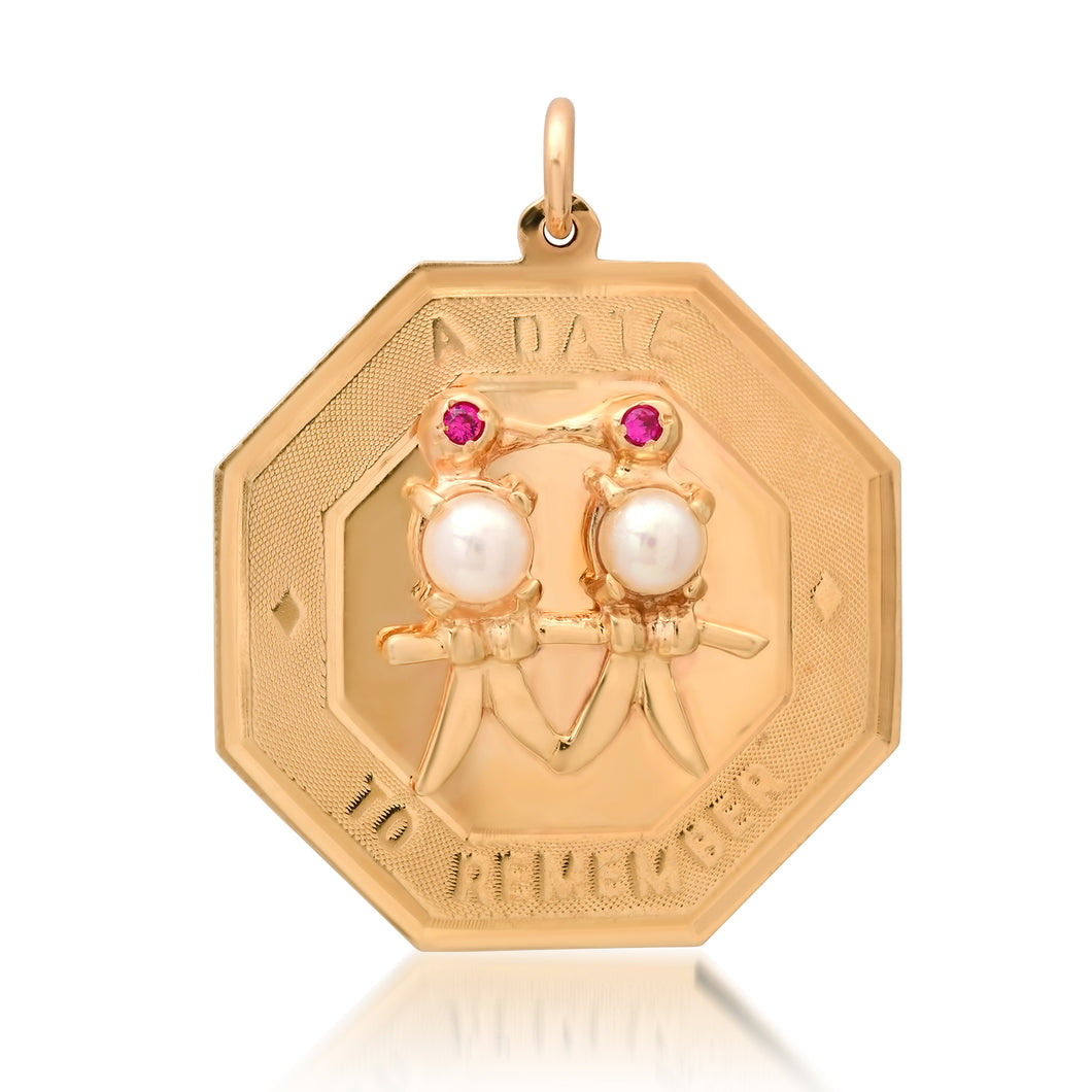 One of a Kind Vintage 1950's Pearl & Ruby Lovebirds Pendant