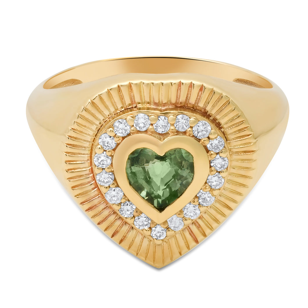 Sunbeam Green Sapphire & Diamond Fluted Heart Ring