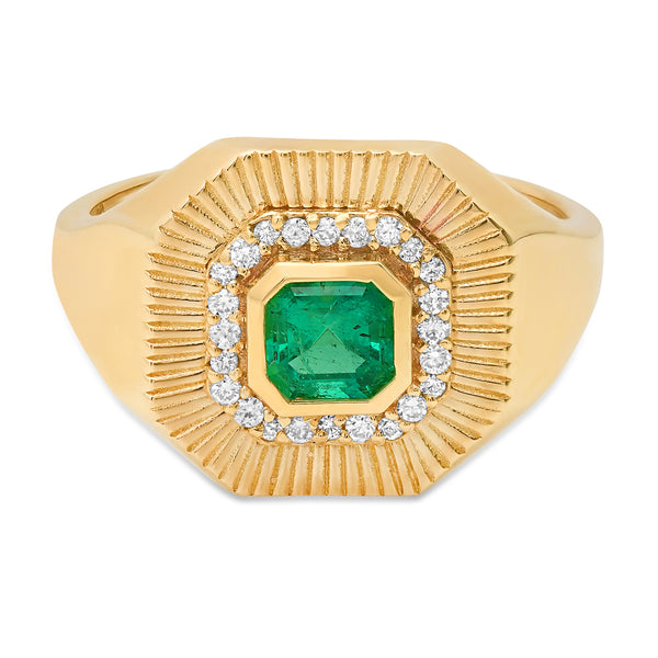 One of a Kind Sunbeam Cushion Emerald & Diamond Fluted Ring