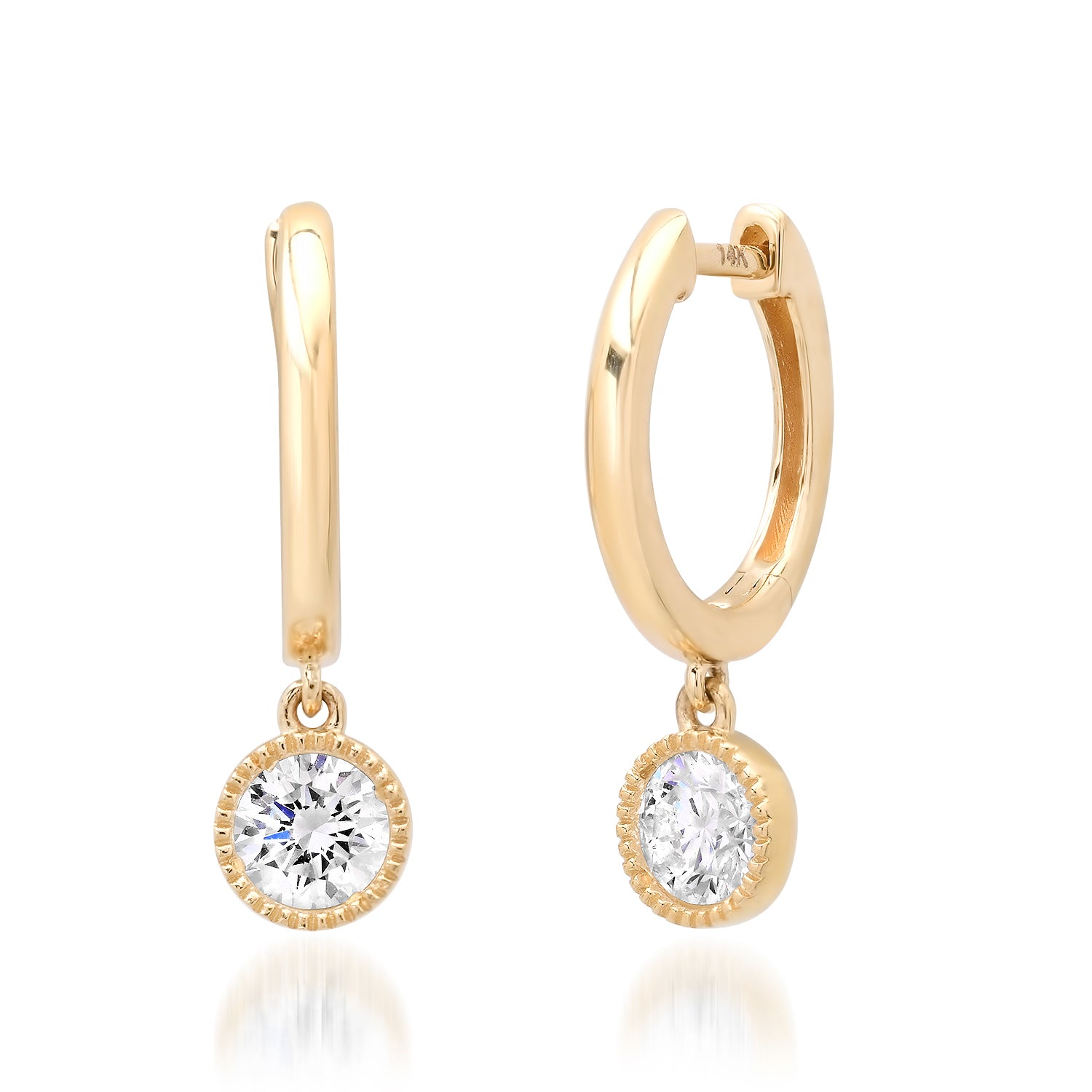 Textured Bezel Diamond Drop Huggie Hoop Earrings