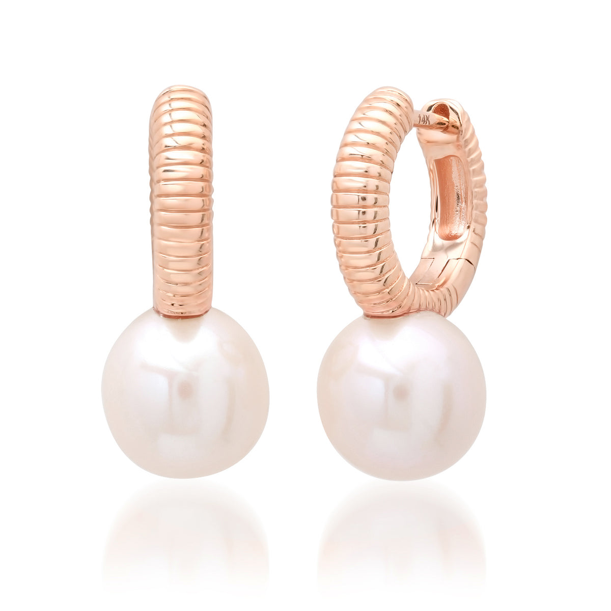 Fluted Pearl Drop Huggie Hoop Earrings