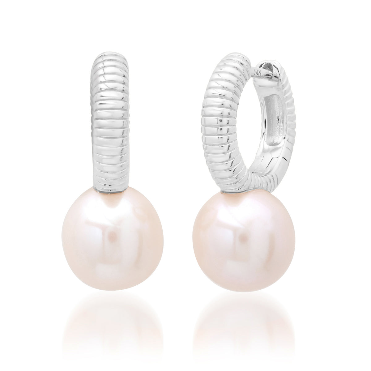 Fluted Pearl Drop Huggie Hoop Earrings