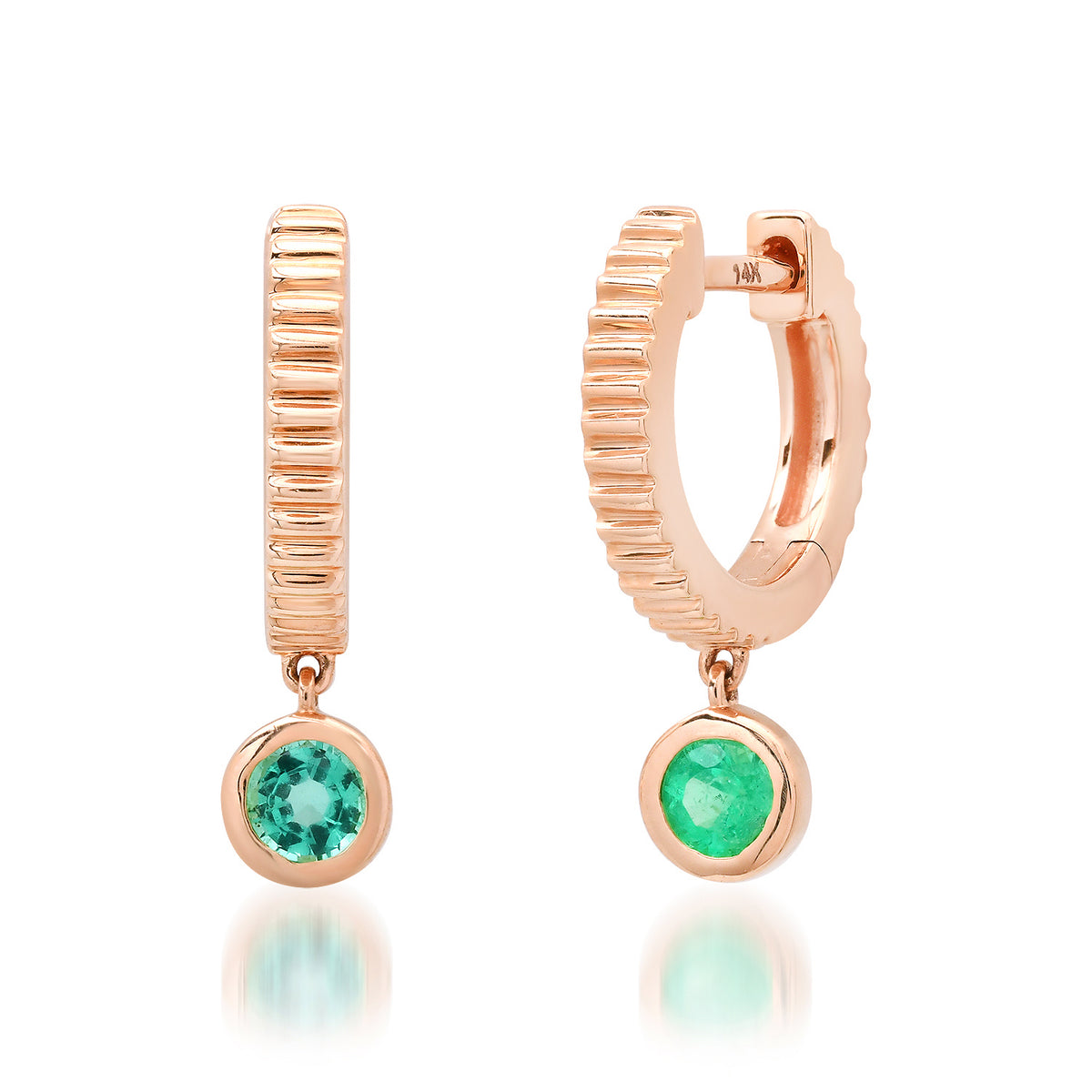 Fluted Emerald Drop Huggie Hoop Earrings