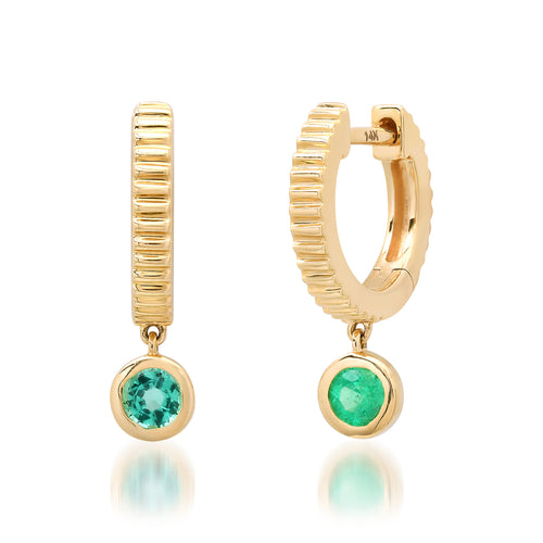 Fluted Emerald Drop Huggie Hoop Earrings
