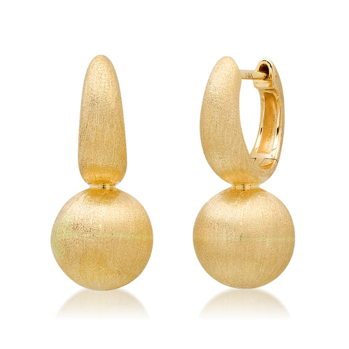 Satin Gold Stationary Ball Drop Huggie Hoop Earrings