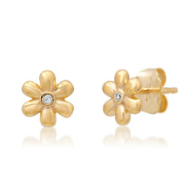 Puffy Gold Flower & Diamond Stud Earrings