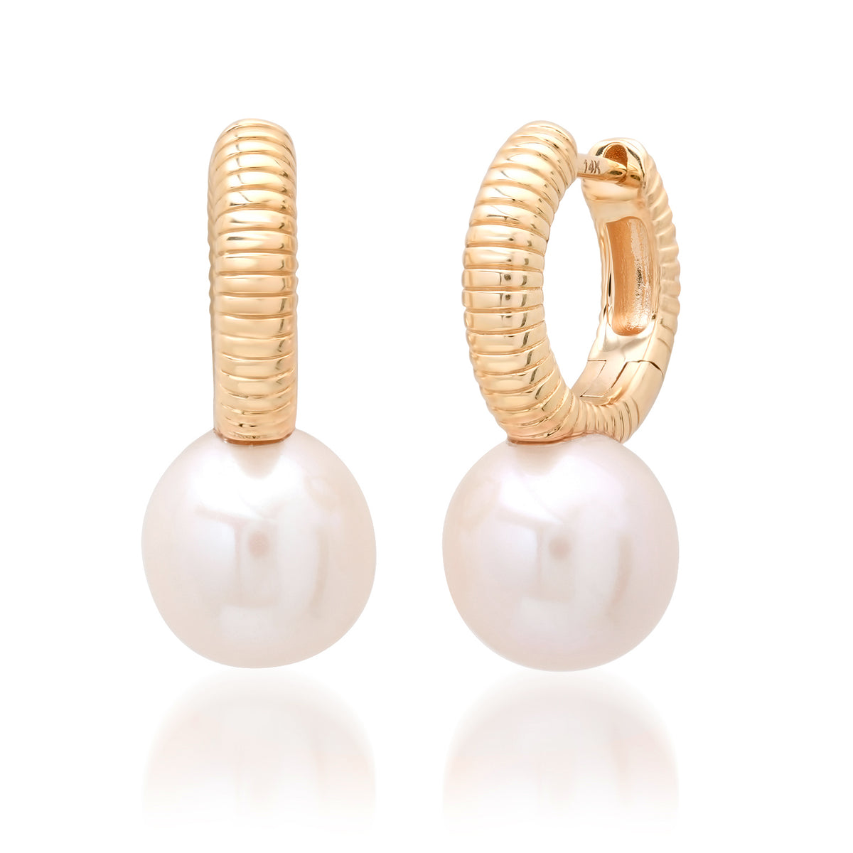 Fluted Pearl Drop Huggie Hoop Earrings