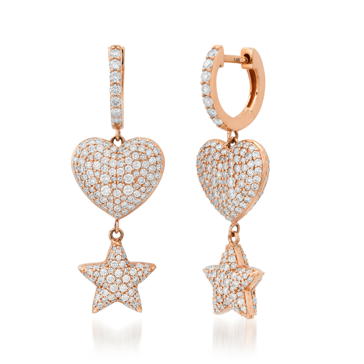Puffy Pave Diamond Heart & Star Huggie Hoop Earrings