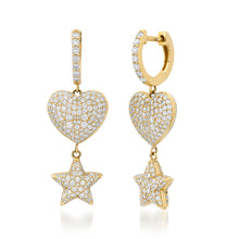 Puffy Pave Diamond Heart & Star Huggie Hoop Earrings