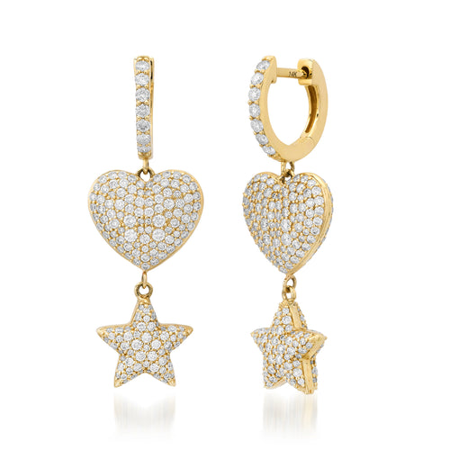 Puffy Pave Diamond Heart & Star Huggie Hoop Earrings