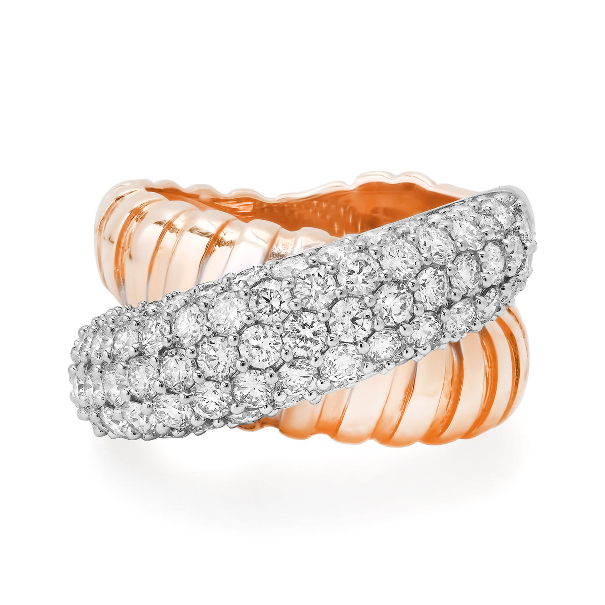 Fluted Gold & Pave Diamond Crossover Ring