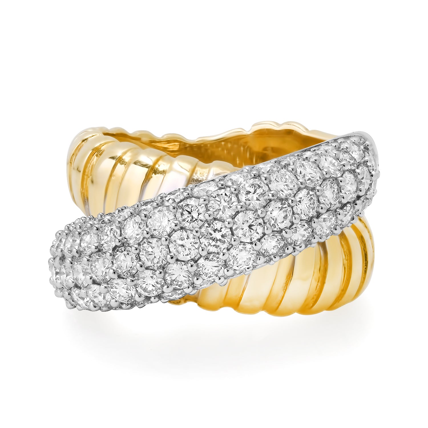 Fluted Gold & Pave Diamond Crossover Ring
