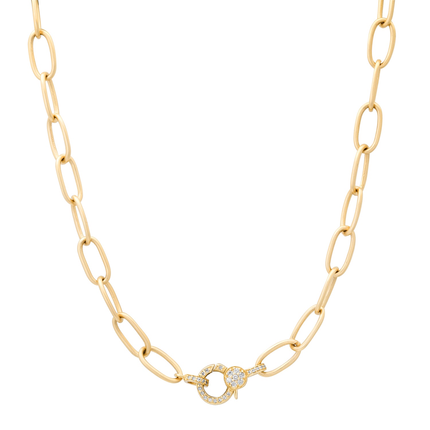 Satin Gold Thin Oval Link Chain Necklace with Diamond Clasp