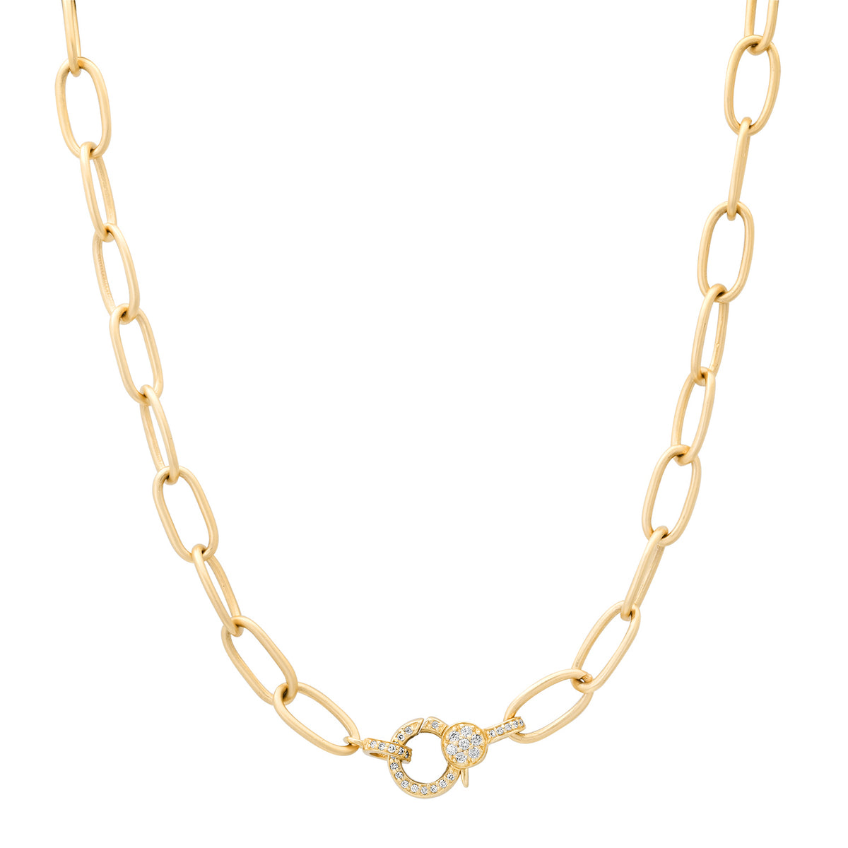 Satin Gold Thin Oval Link Chain Necklace with Diamond Clasp