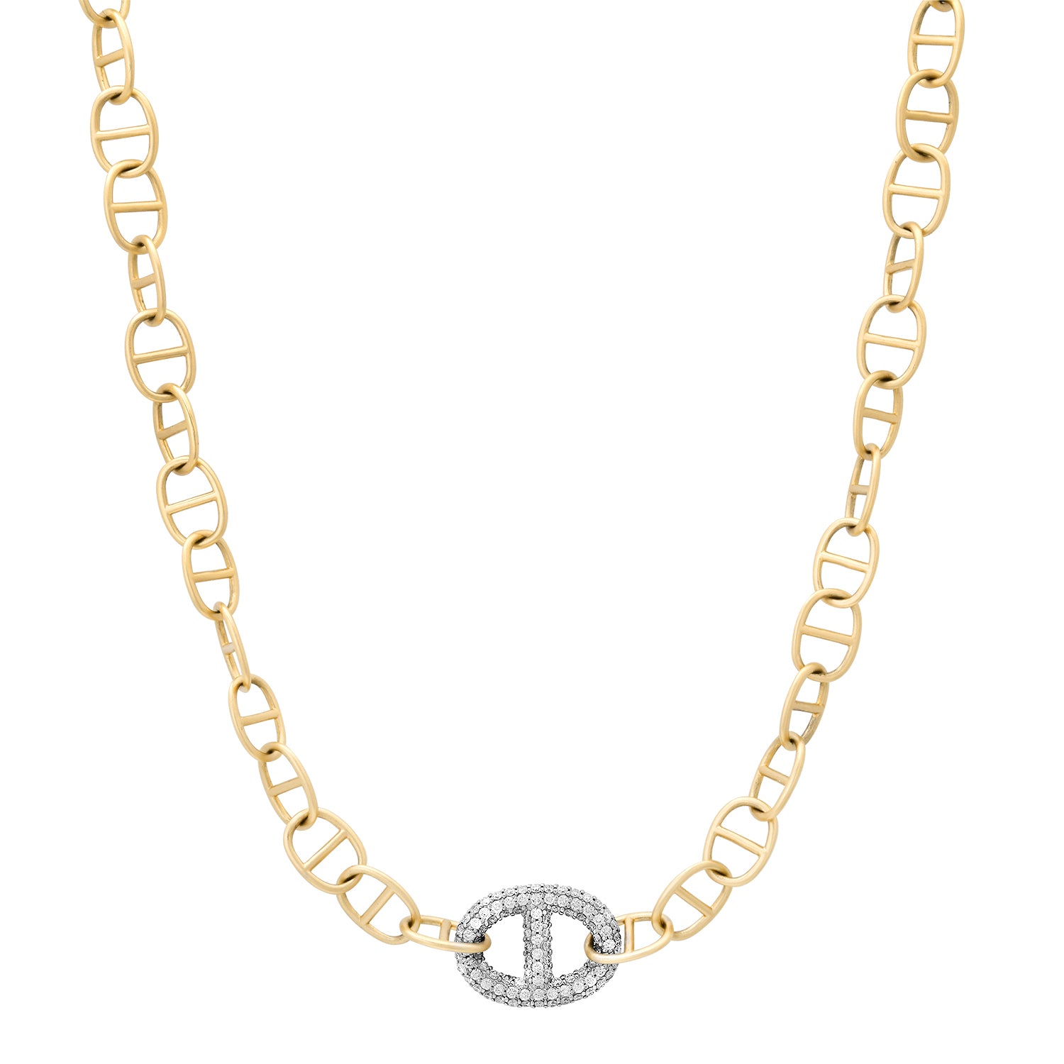 Satin Gold Thin Mariner Link Chain Necklace with Jumbo Diamond Mariner