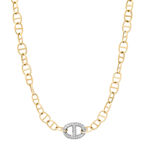 Satin Gold Thin Mariner Link Chain Necklace with Jumbo Diamond Mariner