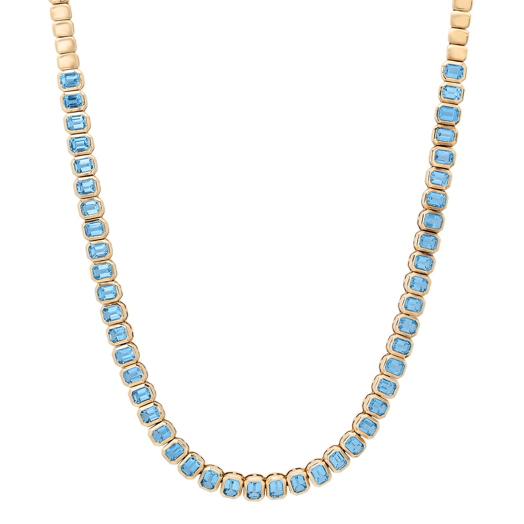 Emerald Cut Bezel Set Blue Topaz Half Tennis Necklace
